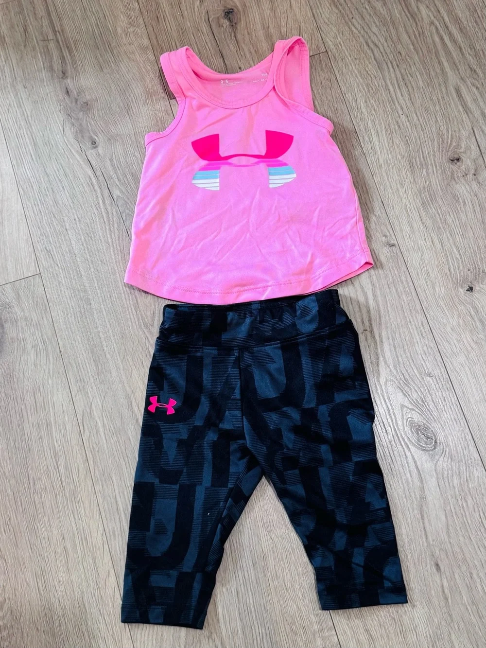 Under Armour Pink Logo Tank with Black Patterned Capri Set - Girls